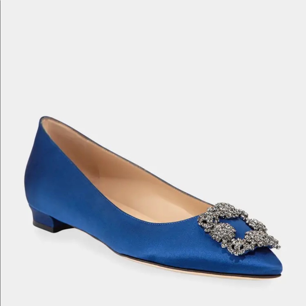Manolo Blahnik Hangisi Crystal Buckle Blue Satin Flat